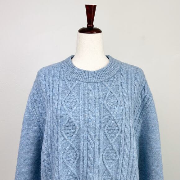 Farmers Market Blue Chunky Cable Knit Scarf Fringe Crewneck Sweater Large - Picture 5 of 9